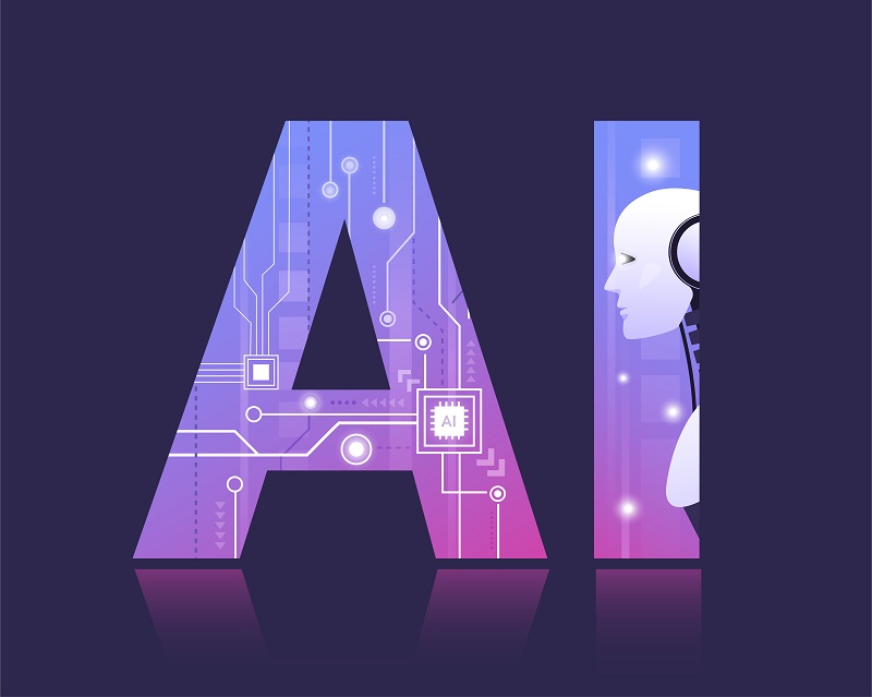 AI label with circuitry in the A and a robot in the I